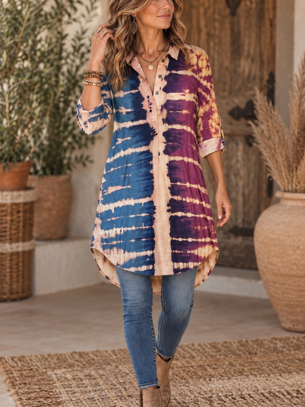 Mono B Tie-Dye Longline Button Tunic - Blue, Purple & Cream
